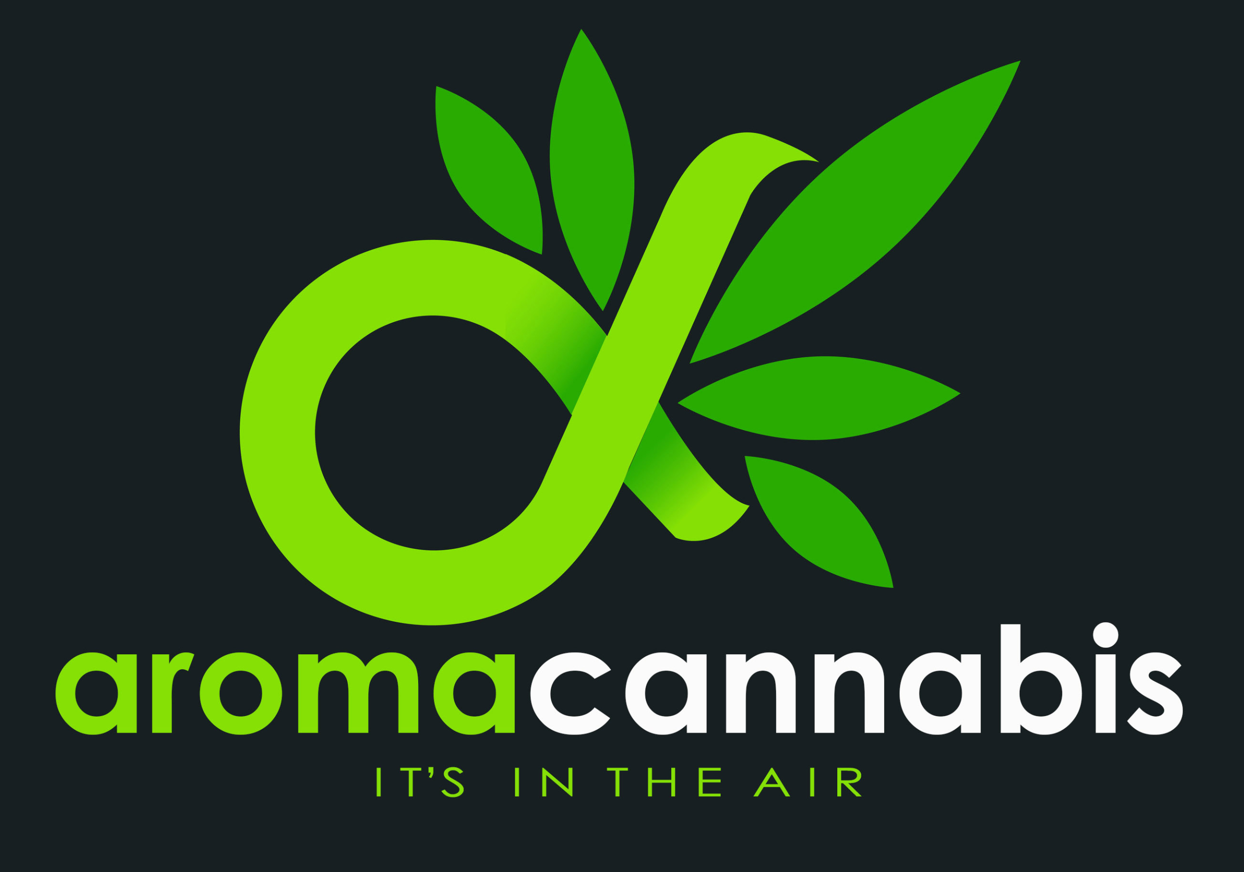 The Aroma Cannabis sign logo: a lowercase 'aroma cannabis' wordmark with a green cannabis-leaf mark, on black.